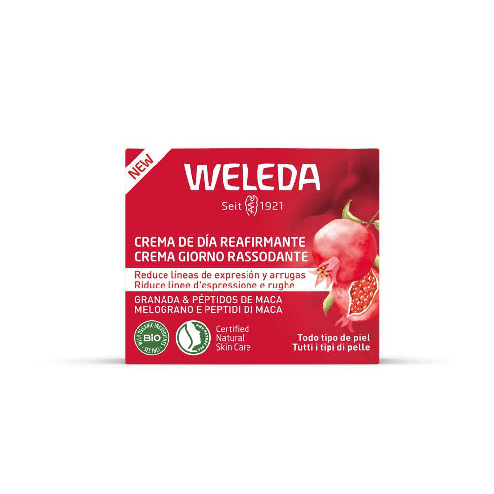 Confezione rossa con scritta bianca: WELEDA, Crema Giorno Rassodante. Illustrazione melograno. Sigillo bio.