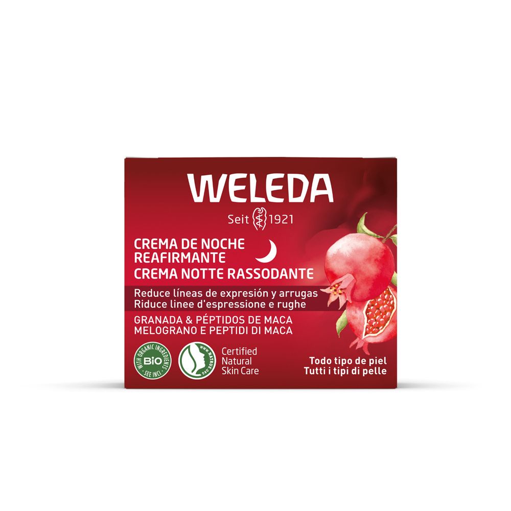 Scatola rossa con logo WELEDA e nome del prodotto. Immagine di melograno. Testo: Crema Notte Rassodante. Certificazione bio.