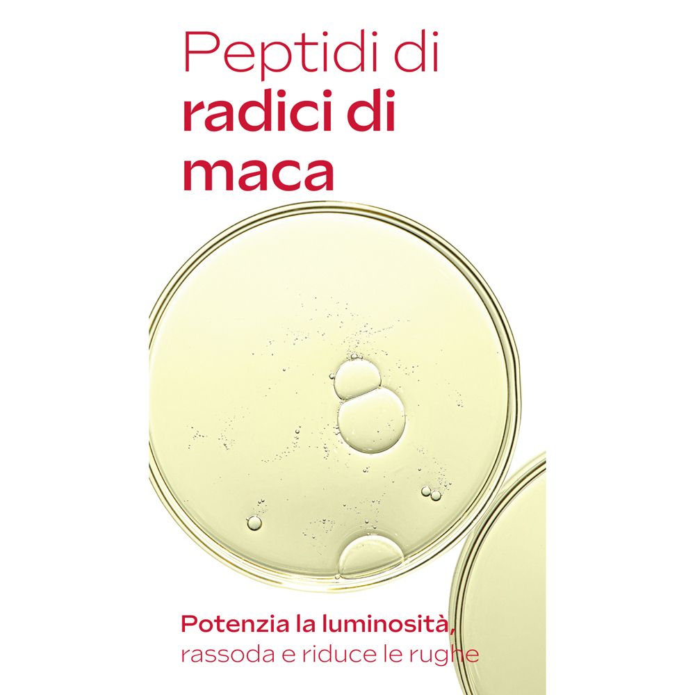 Primo piano di liquido con bolle. Testo: Peptidi di radici di maca. Potenzia la luminosità, rassoda e riduce le rughe.