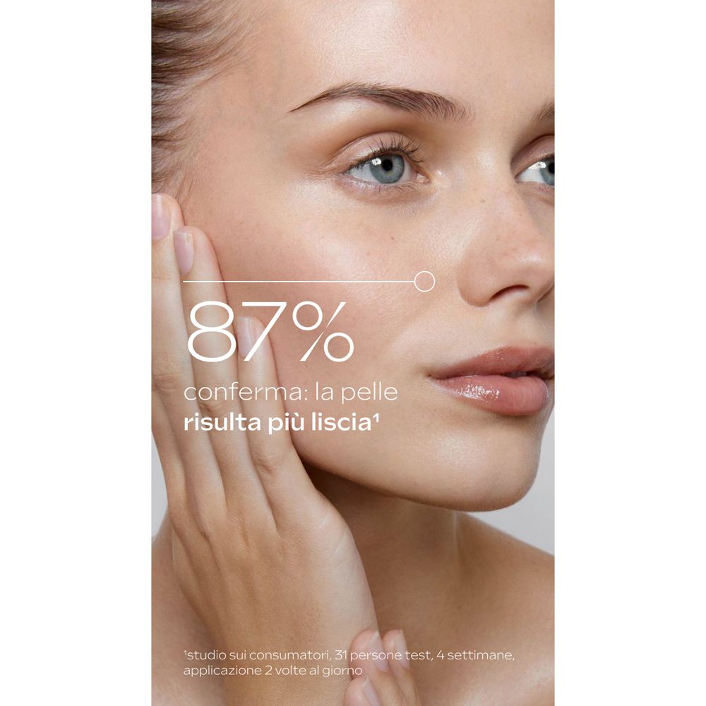 Primo piano di un viso. Testo: 87% confermano: la pelle risulta più liscia.