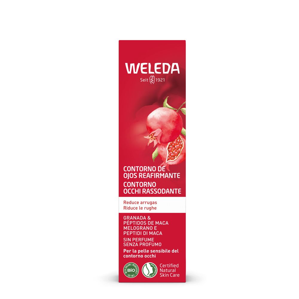 Confezione rossa. Scritta: WELEDA, Contorno Occhi Rassodante. Illustrazione di un melograno. Certificazione Bio.