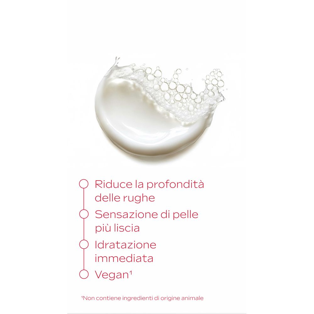 Prodotto bianco con gocce. Testo: Riduce la profondità delle rughe, pelle più liscia, idratazione immediata, vegano.