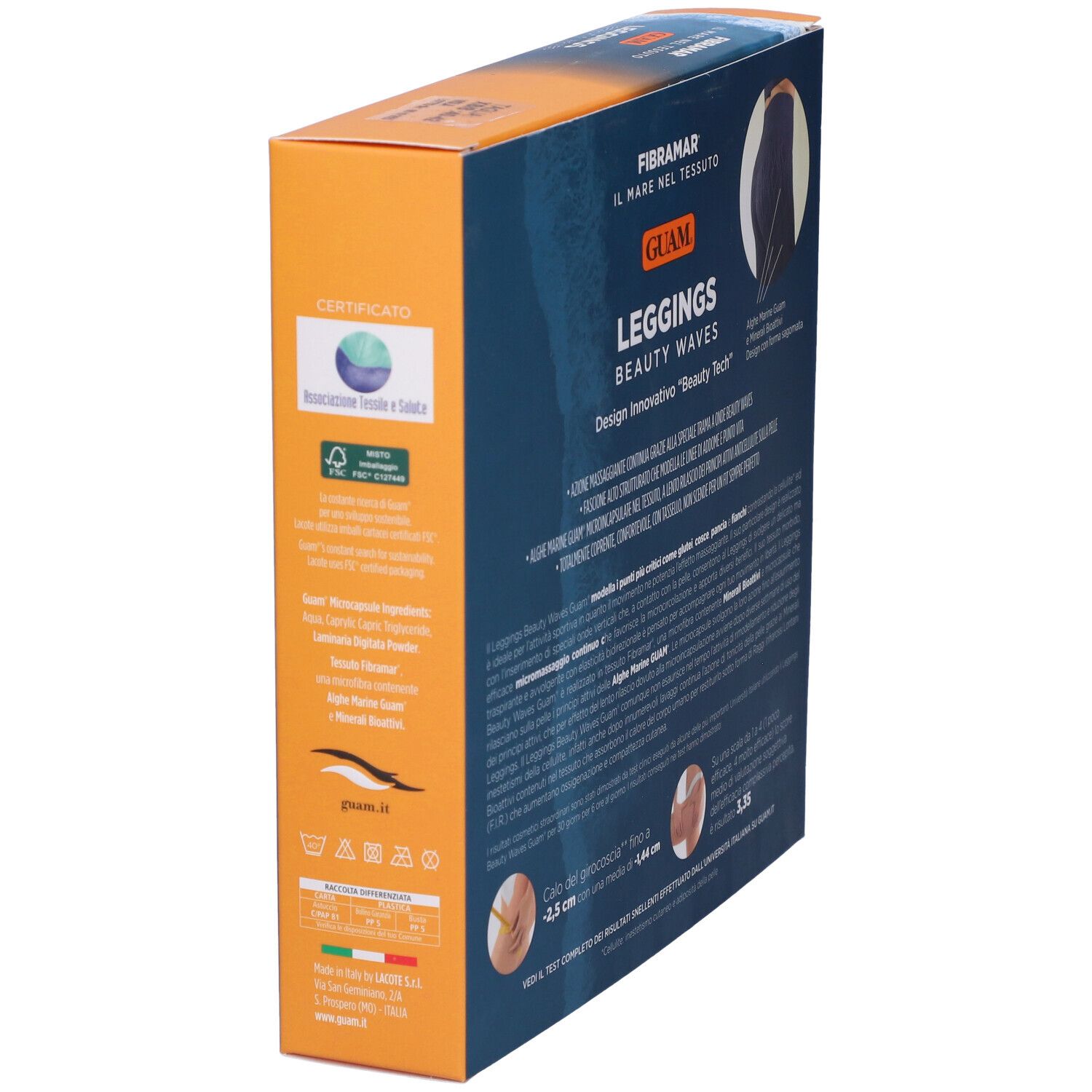 Confezione Leggings Beauty Waves Guam, vista laterale. Testo e logo Guam. Certificazioni.
