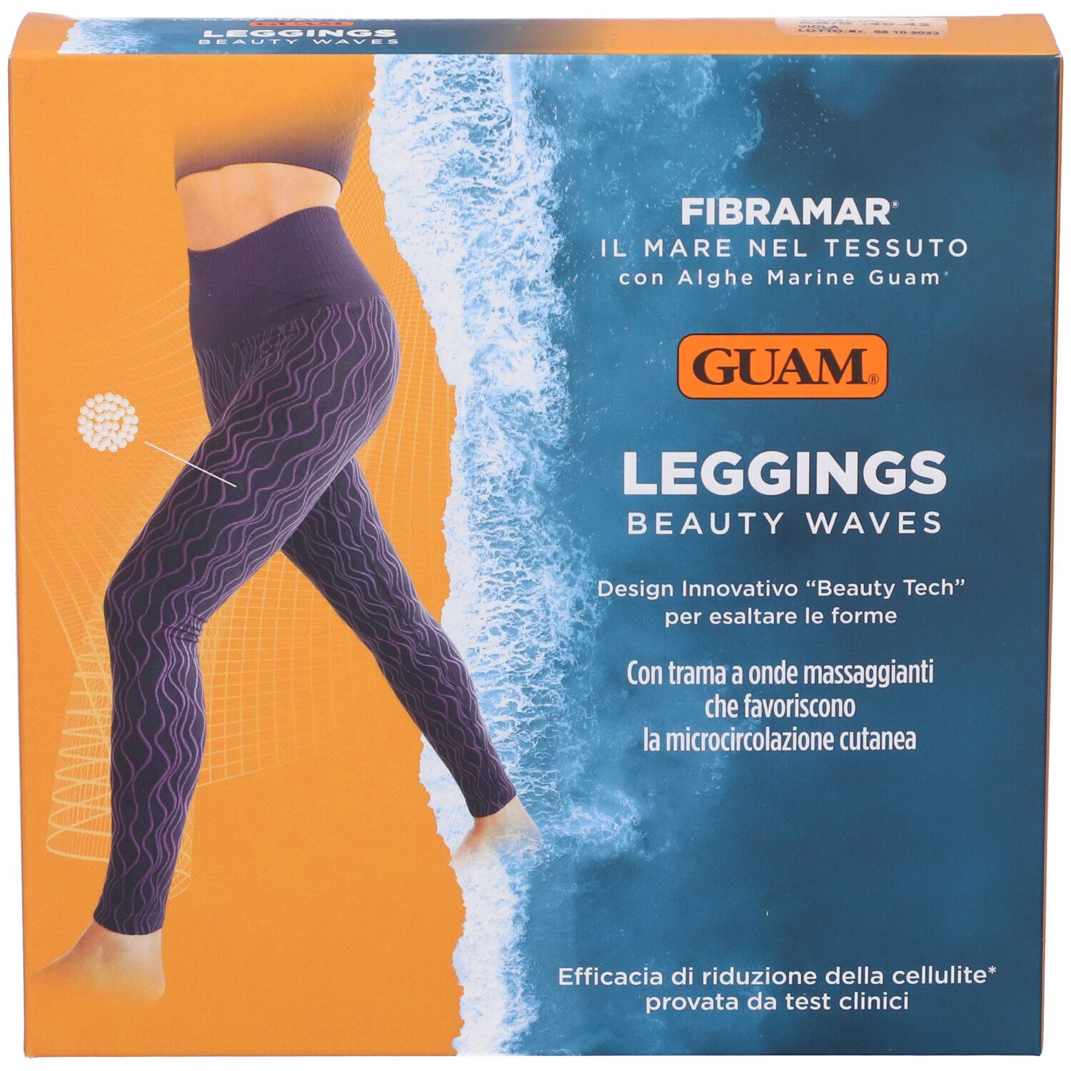 Confezione Leggings Beauty Waves Guam. Immagine di donna con leggings viola. Testo e logo Guam.