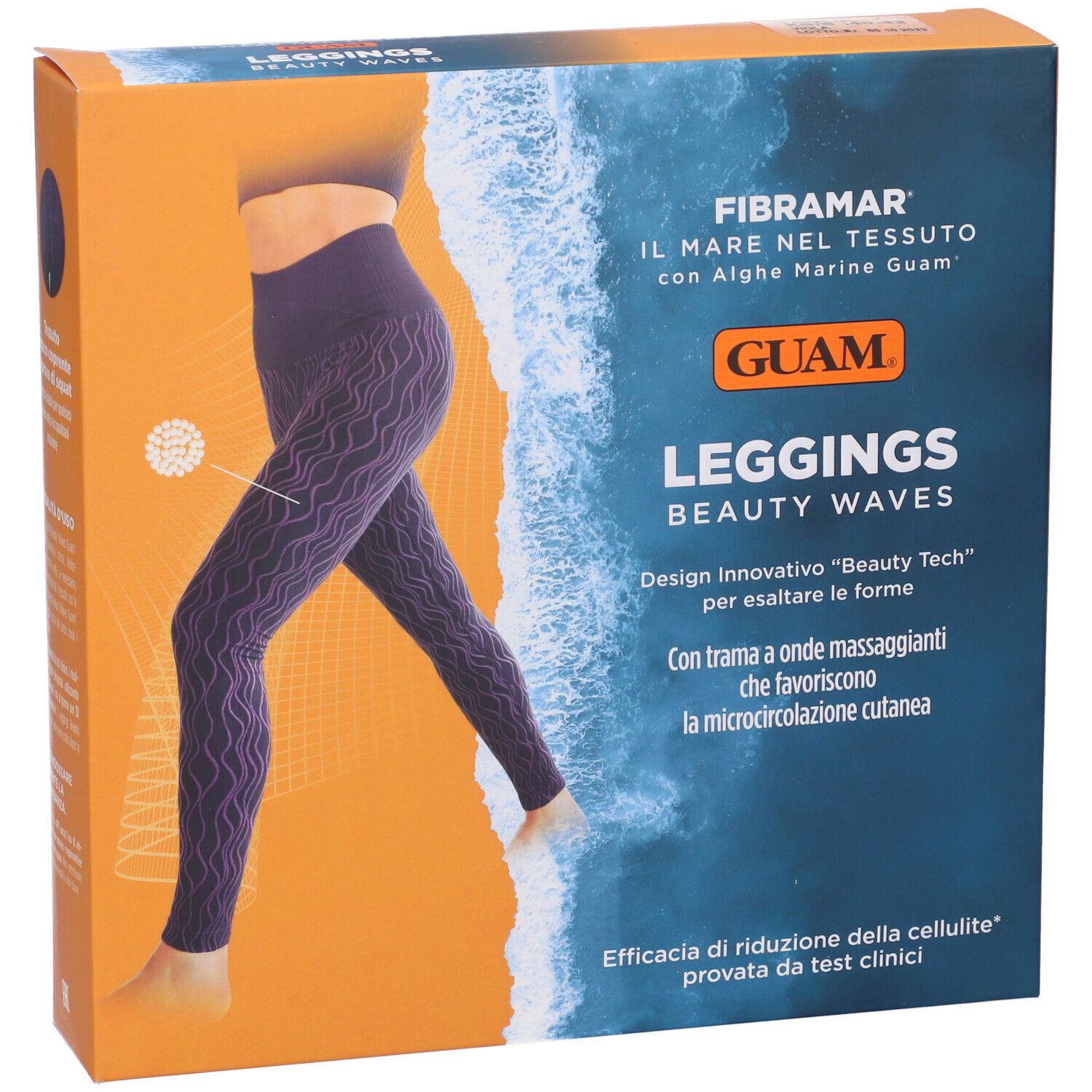 Confezione Leggings Beauty Waves Guam. Immagine di donna con leggings viola. Testo e logo Guam.