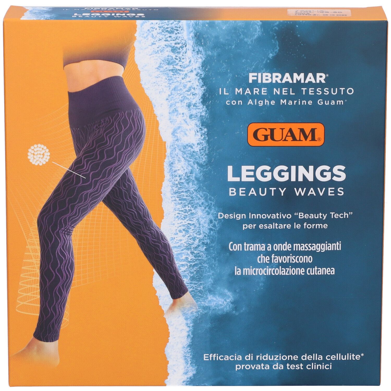 Confezione Leggings Beauty Waves Guam. Immagine del prodotto. Colori arancione e blu.
