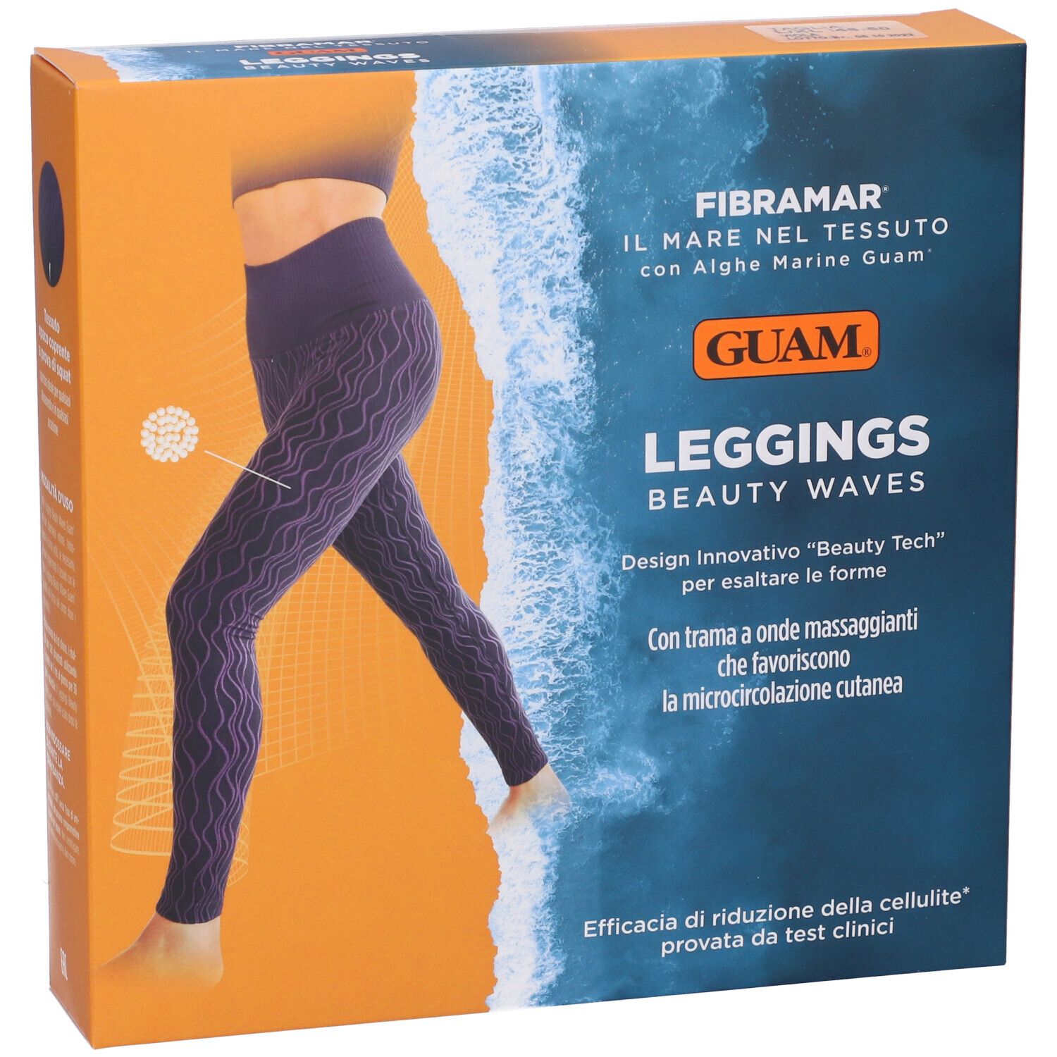Confezione Leggings Beauty Waves Guam. Immagine del prodotto. Colori arancione e blu.