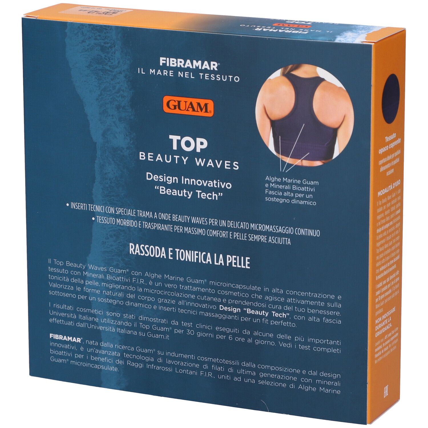 Retro della confezione Guam Top Beauty Waves. Contiene alghe marine e minerali bioattivi. Descrizione del prodotto.