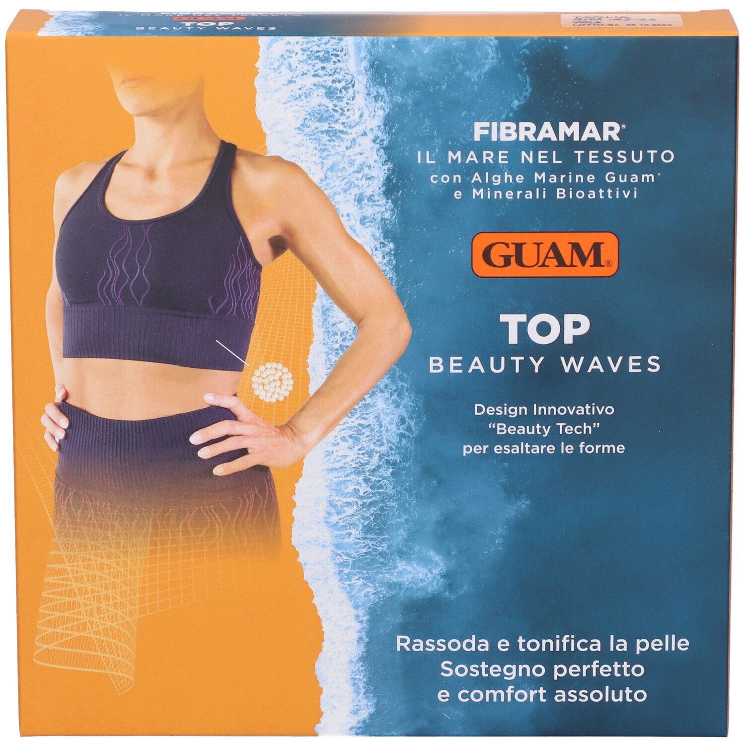 Confezione Guam Top Beauty Waves. Immagine di donna in abbigliamento sportivo. Contiene alghe marine e minerali bioattivi.