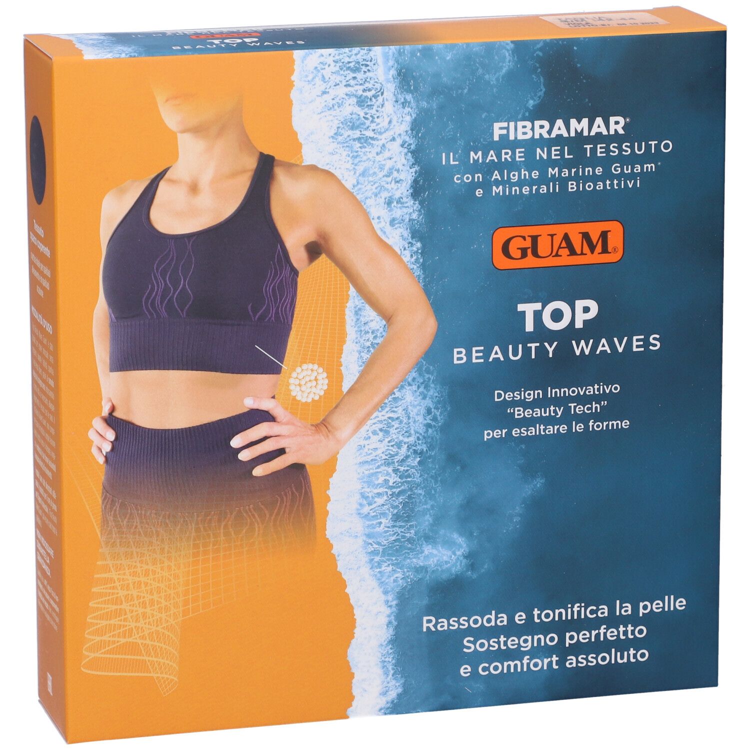Confezione Guam Top Beauty Waves. Immagine di donna in abbigliamento sportivo. Contiene alghe marine e minerali bioattivi.