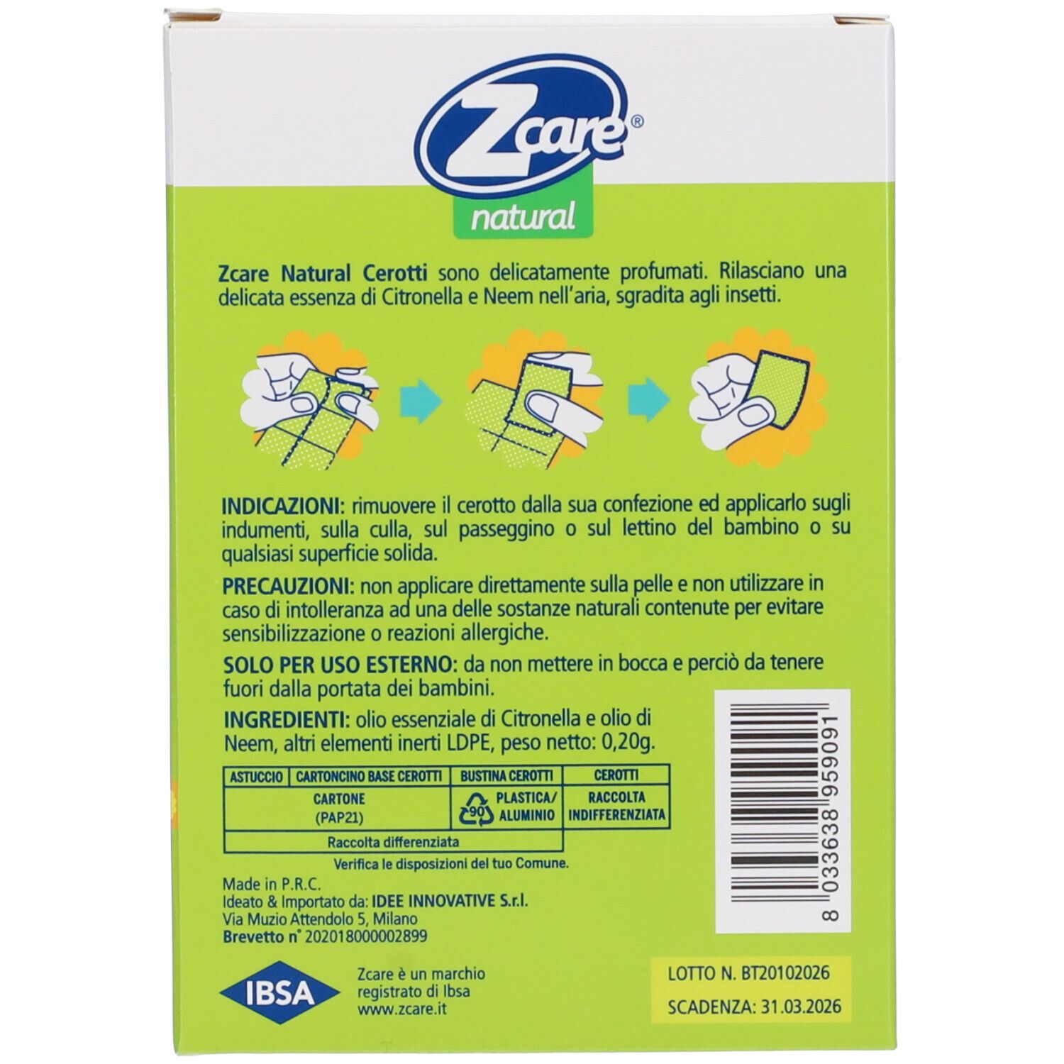 Z Care Natural Cerotti Citronella&Neem Antizanzare