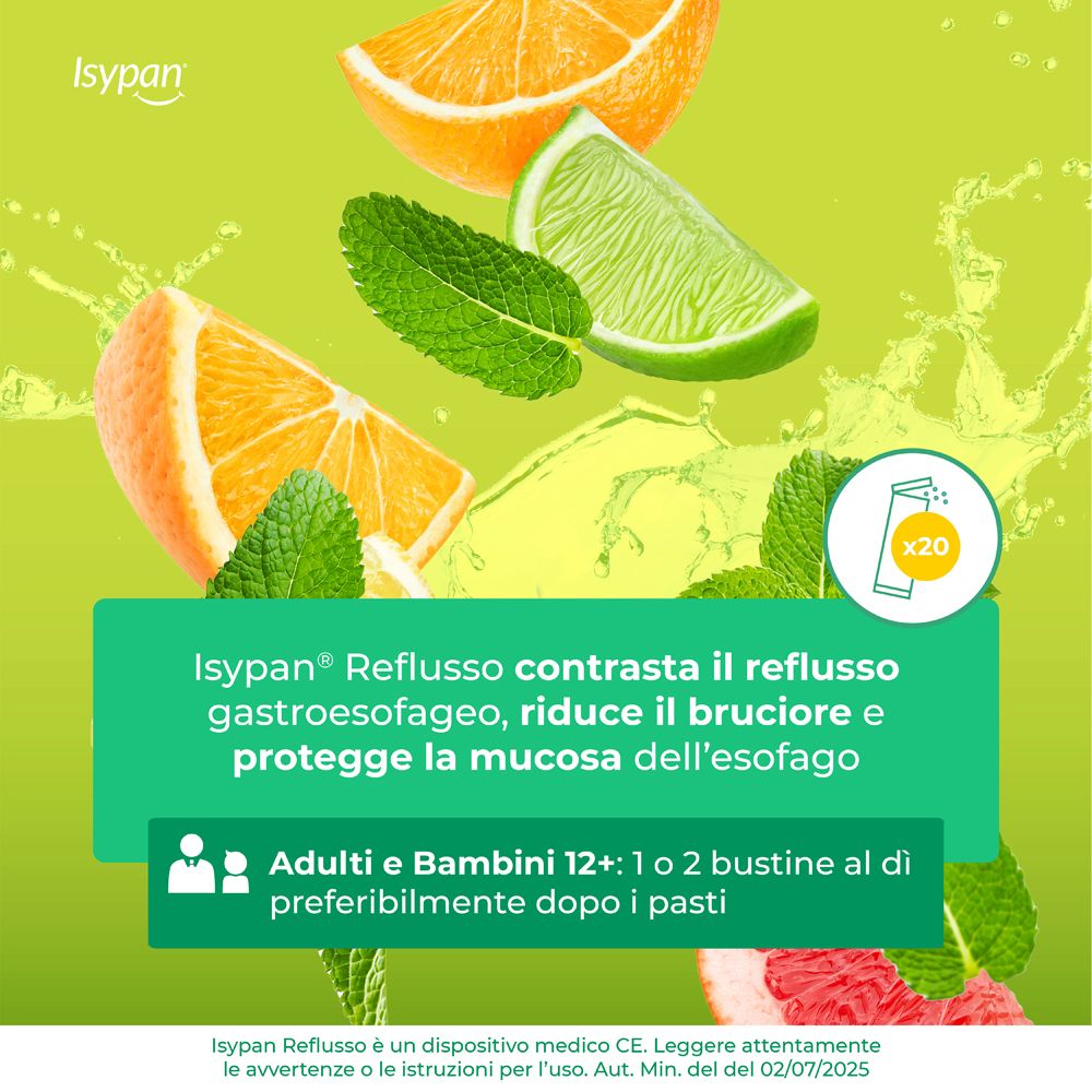 Isypan Reflusso: ingredienti freschi come arance e lime. Il prodotto contrasta il reflusso gastroesofageo e protegge la mucosa.