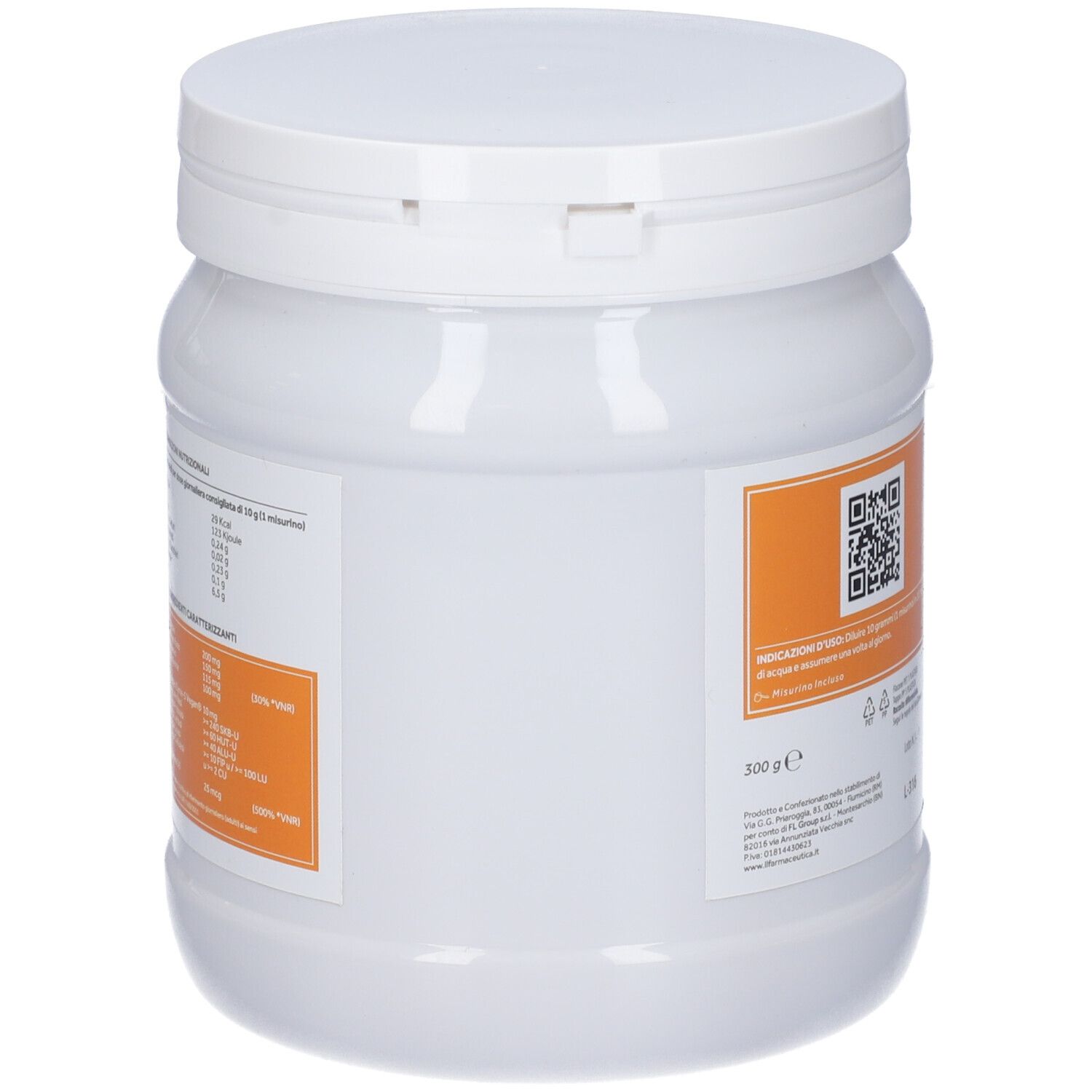 Retro di un contenitore cilindrico bianco. Etichetta con informazioni e codice QR. Striscia arancione.