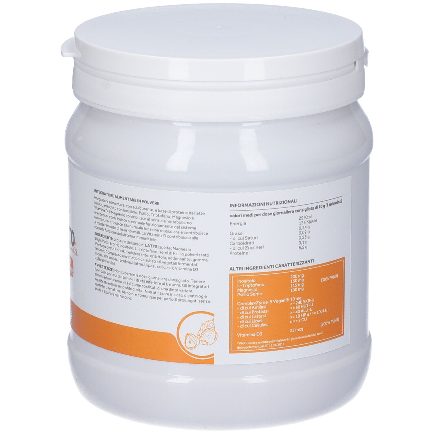 Contenitore cilindrico bianco con coperchio. Etichetta con informazioni prodotto e valori nutrizionali. Striscia arancione.