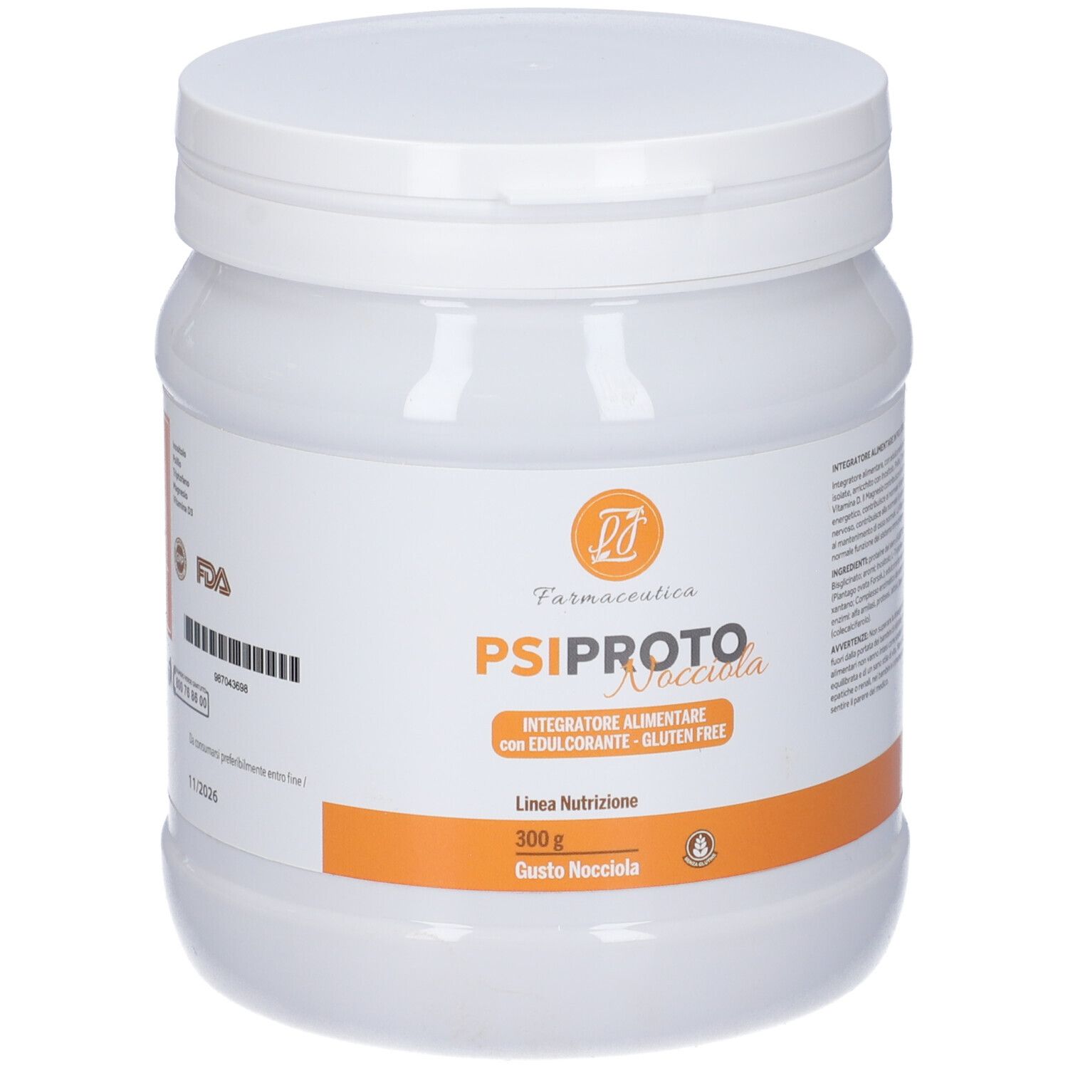 Contenitore cilindrico bianco con coperchio. Etichetta con nome prodotto, ingredienti e logo. Striscia arancione.