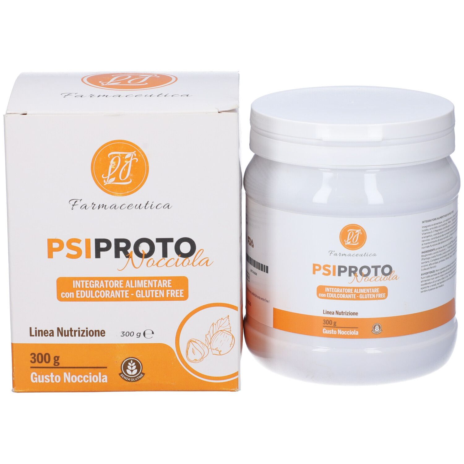 Contenitore cilindrico bianco e scatola. Stampa con nome prodotto, logo e ingredienti. Striscia arancione.