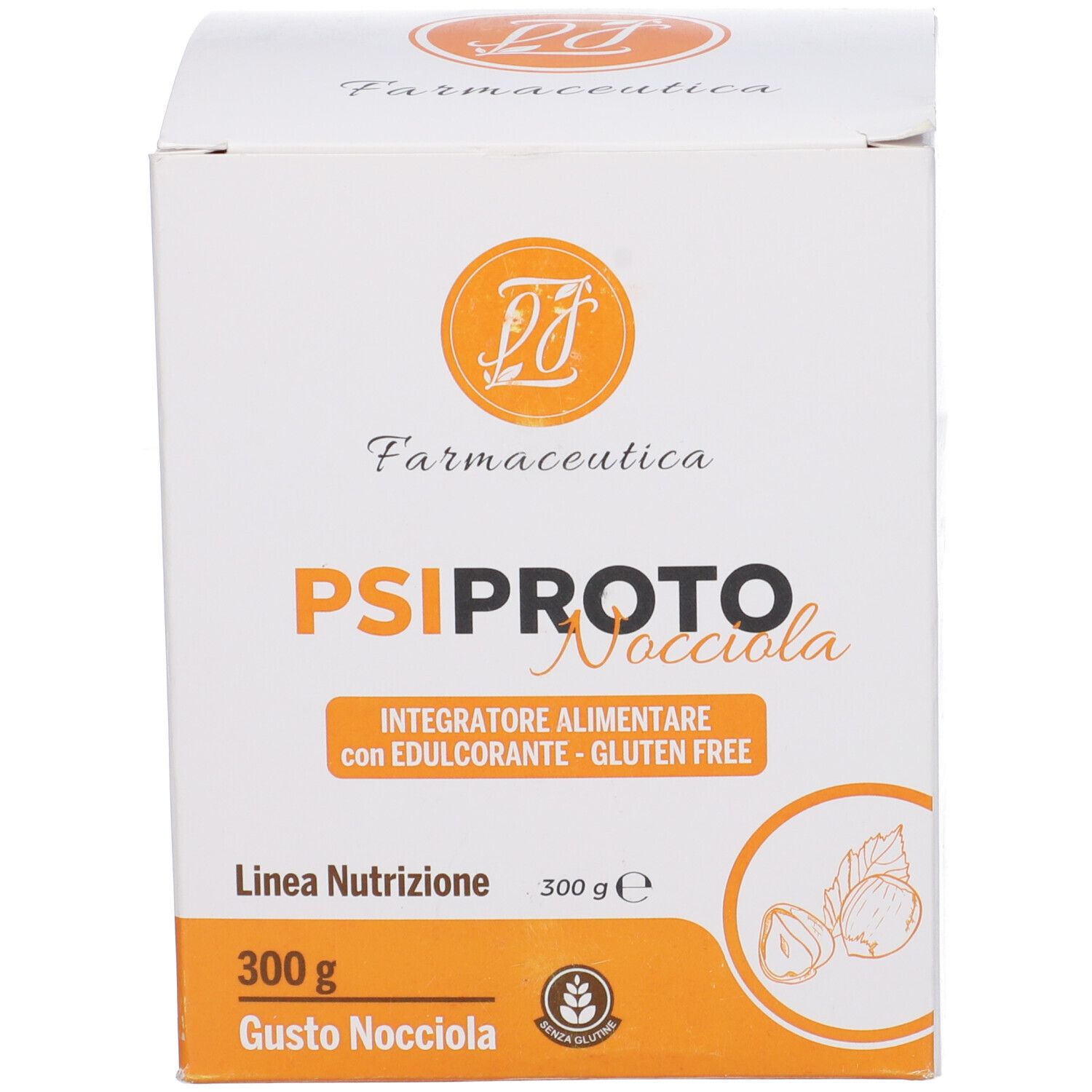 Scatola con nome prodotto, logo e ingredienti. Striscia arancione. Simbolo senza glutine.