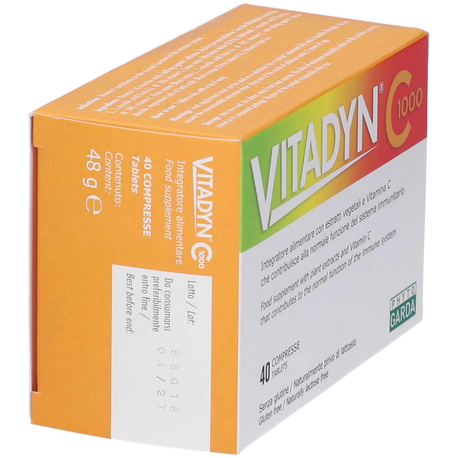 Scatola arancione. Scritta: VITADYN C 1000. Contiene 40 compresse. Peso: 48 g. Da consumarsi preferibilmente entro 01/27.