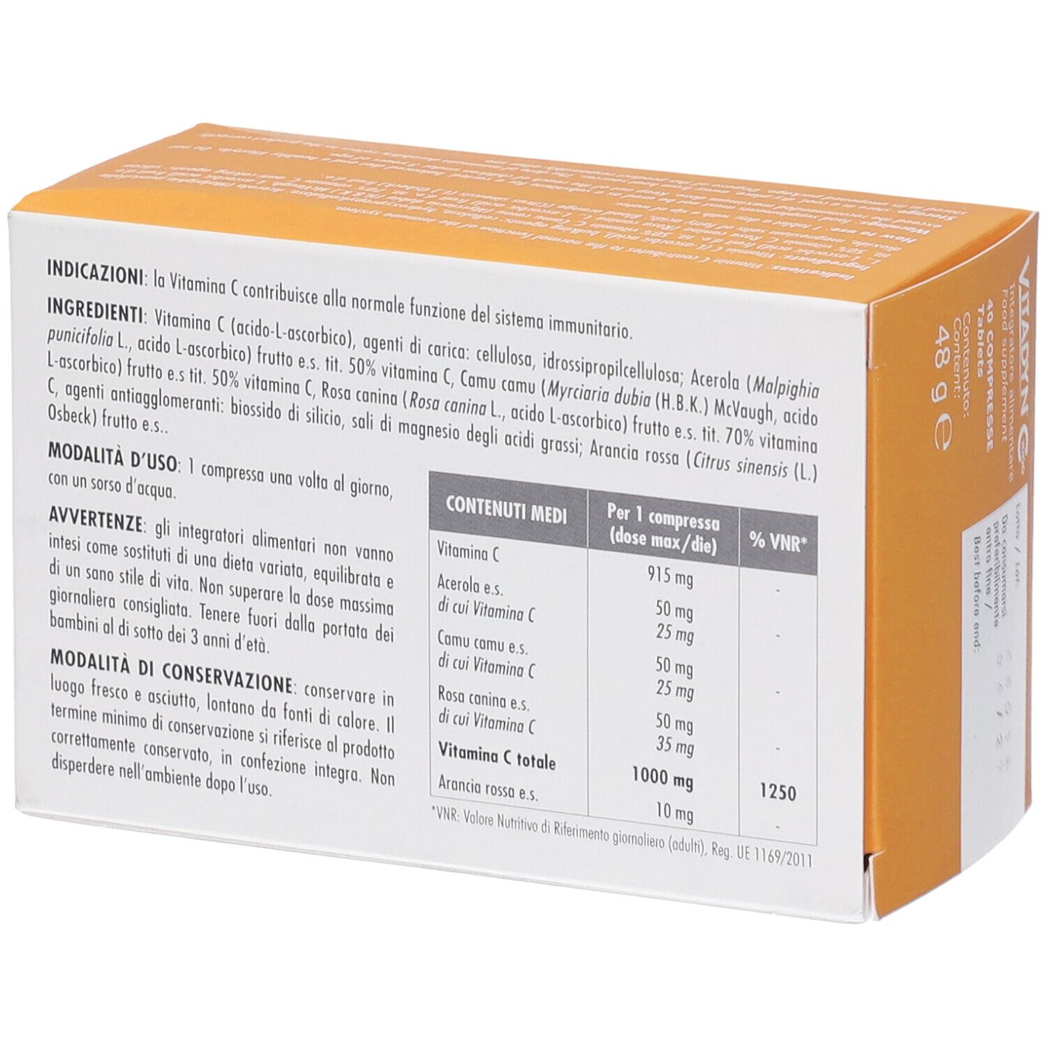 Retro della scatola arancione. Contiene informazioni sugli ingredienti e l'uso. Contiene vitamina C.