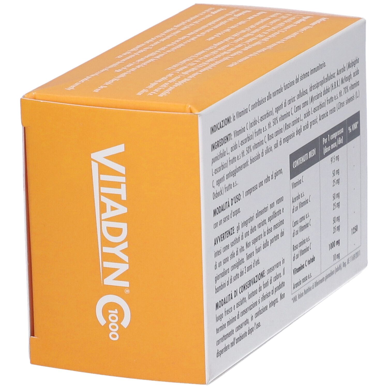 Scatola arancione, in diagonale. Scritta: VITADYN C 1000. Contiene informazioni sugli ingredienti e l'uso.