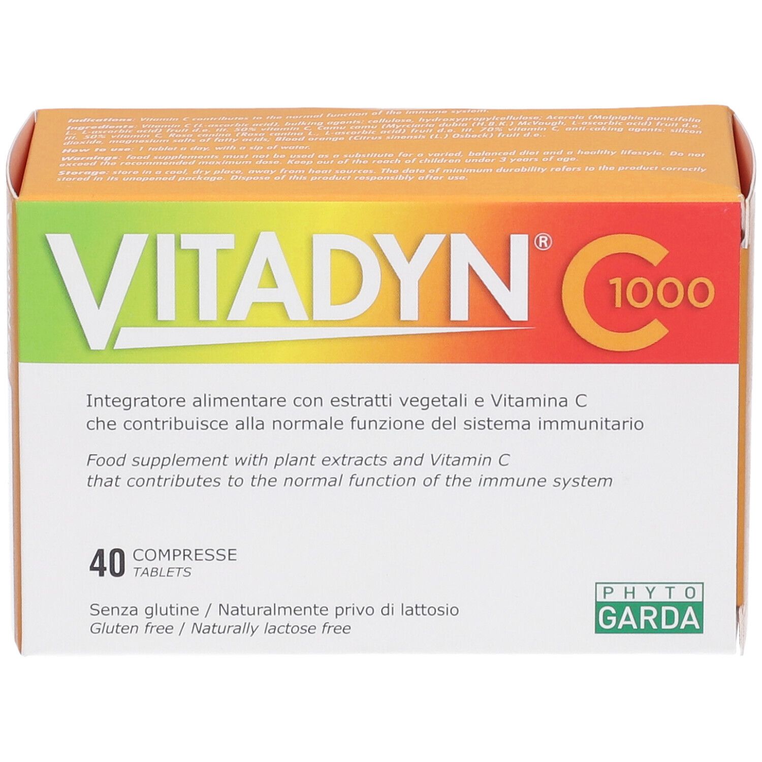 Scatola arancione. Scritta: VITADYN C 1000. Contiene 40 compresse. Senza glutine e lattosio. Marchio: Phyto Garda.