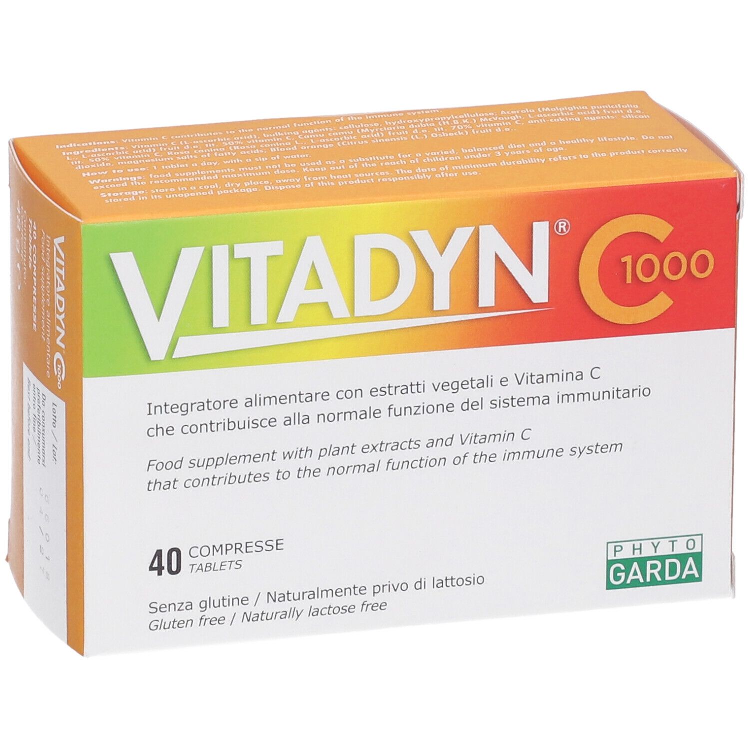 Scatola arancione. Scritta: VITADYN C 1000. Contiene 40 compresse. Senza glutine e lattosio. Marchio: Phyto Garda.