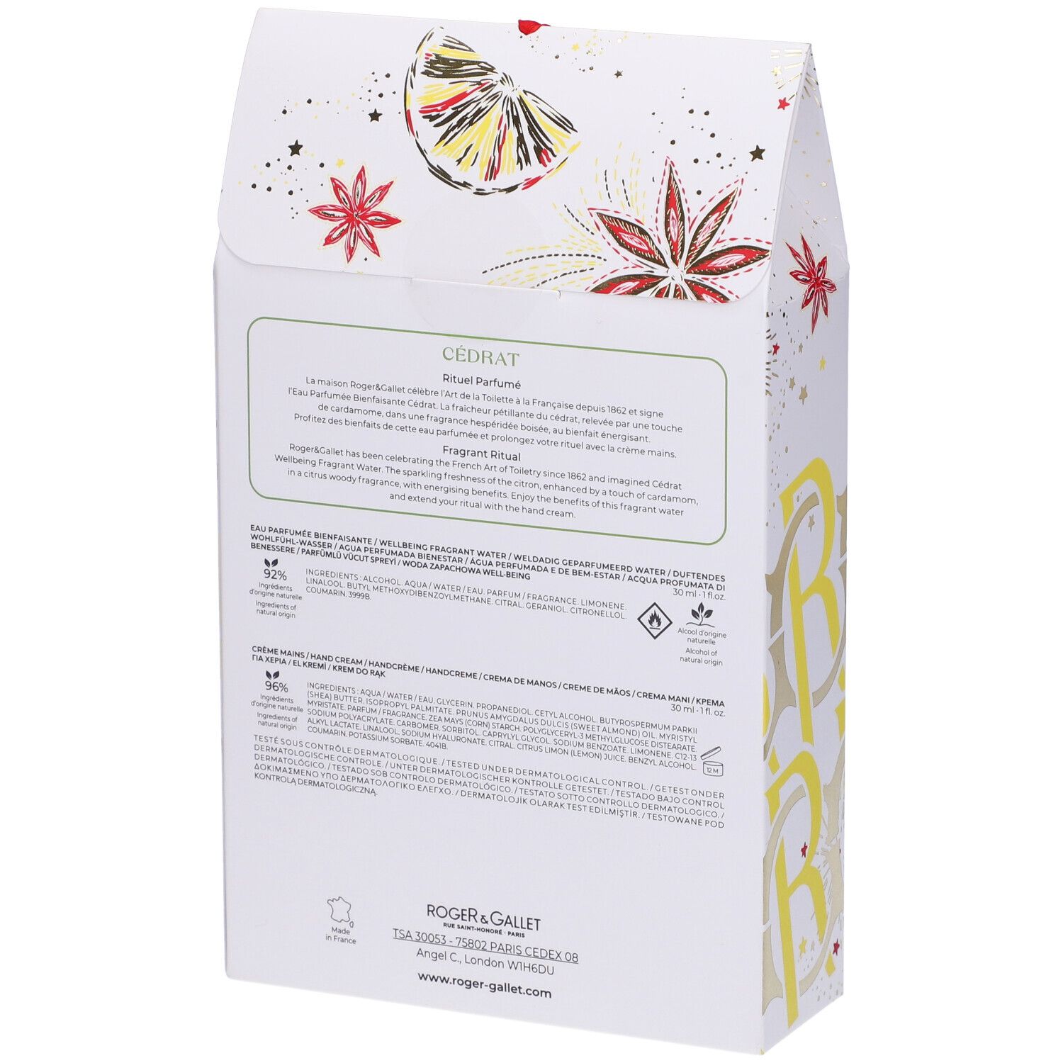 Retro del cofanetto regalo. Testo con informazioni sul prodotto e loghi. Confezione bianca con dettagli gialli e rossi.