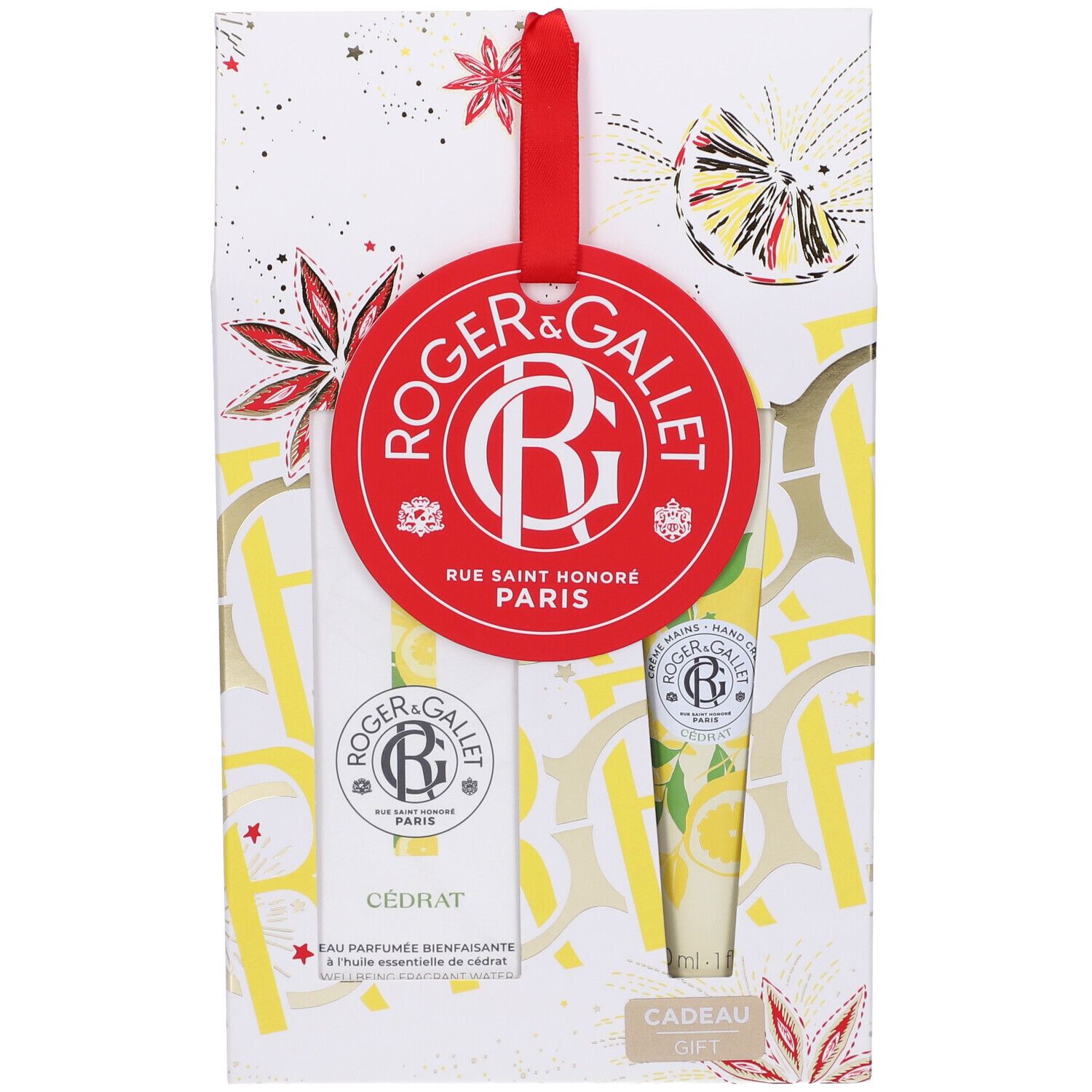 Cofanetto regalo con due prodotti. Etichetta rossa con logo. Confezione con motivi di limoni gialli e dettagli rossi.