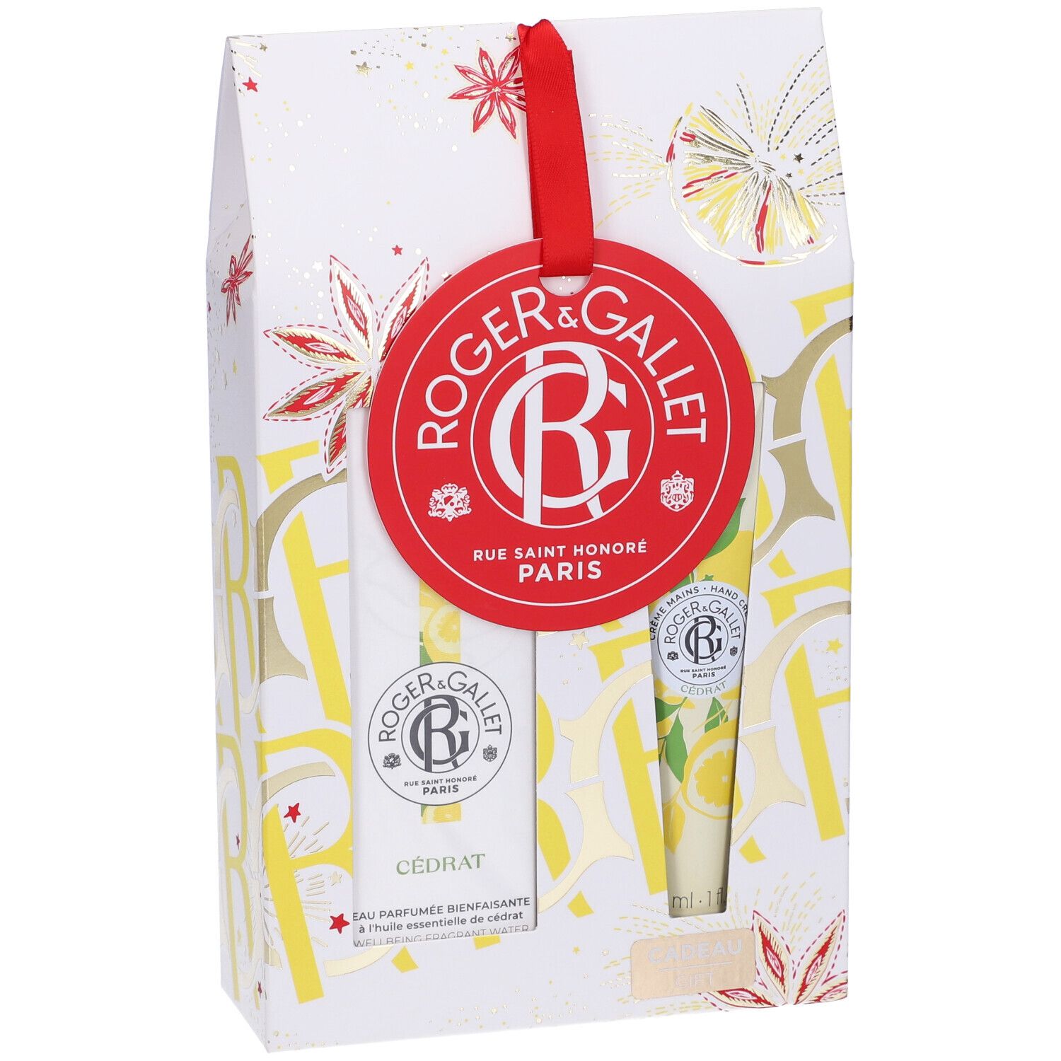 Cofanetto regalo con due prodotti. Etichetta rossa con logo. Confezione con motivi di limoni gialli e dettagli rossi.