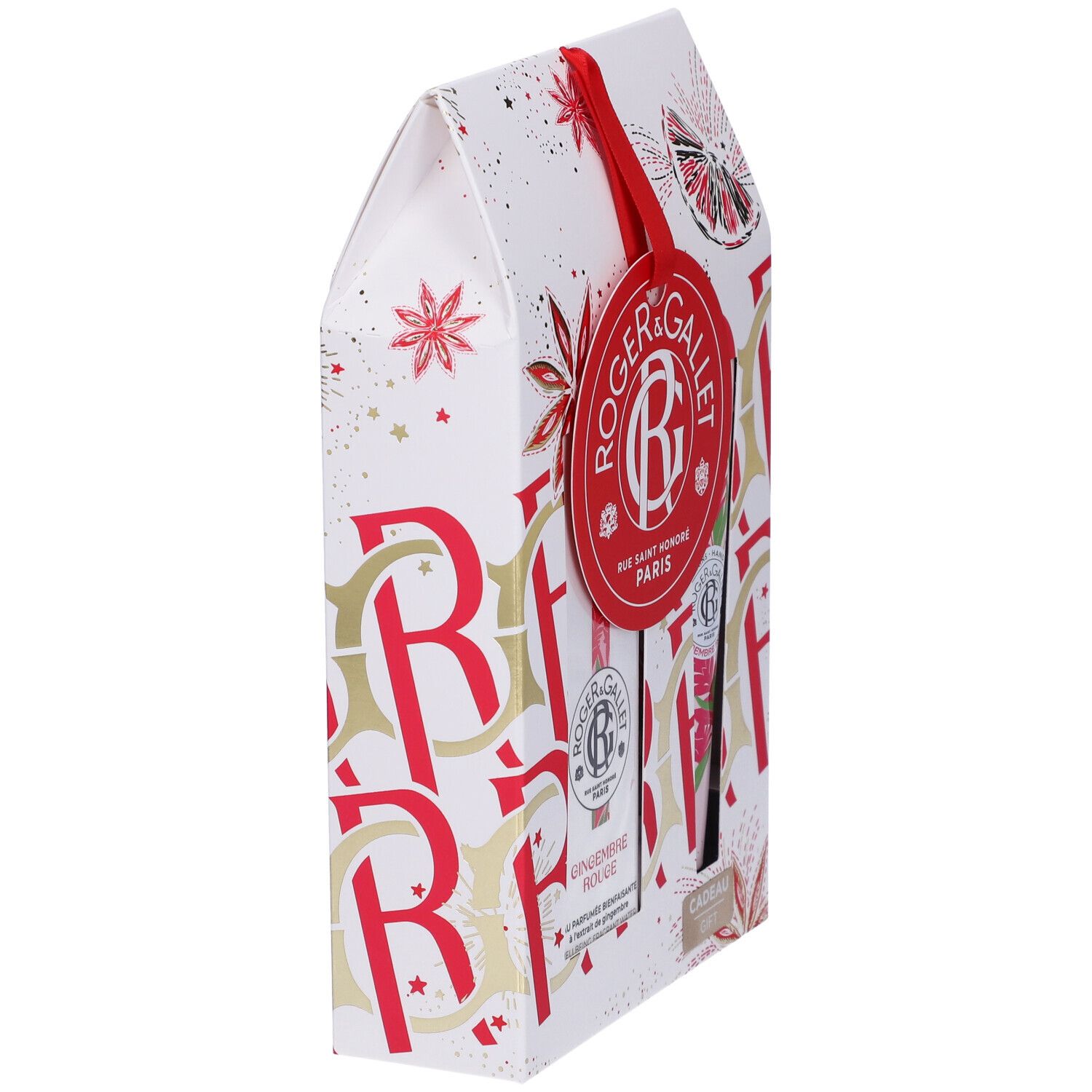 Scatola regalo bianca con logo e testo rossi. Nastro rosso. Imballaggio con elementi floreali e scritte rosse.