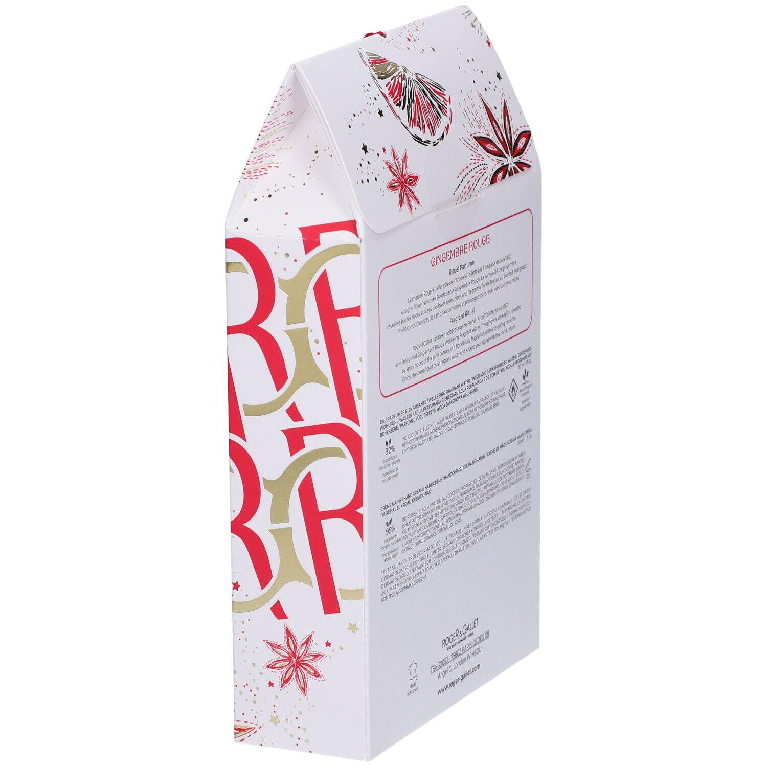 Scatola regalo bianca con logo e testo rossi. Retro con testo ed elementi floreali. Logo e informazioni sul prodotto.