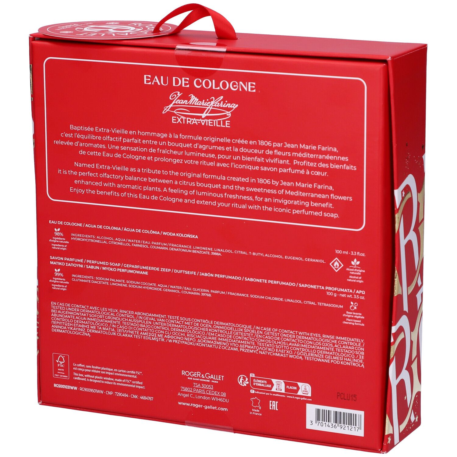 Retro della confezione regalo rossa. Testo e logo. Ingredienti e informazioni.