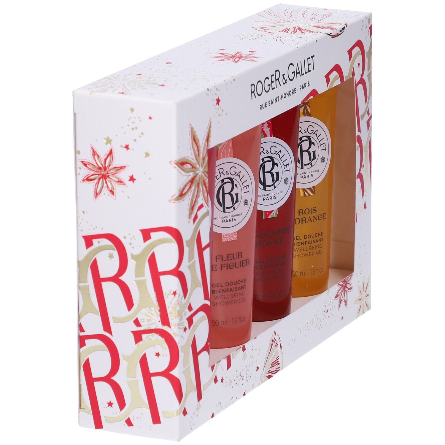 Set regalo con tre gel doccia in flaconi trasparenti. La confezione mostra il marchio Roger & Gallet.