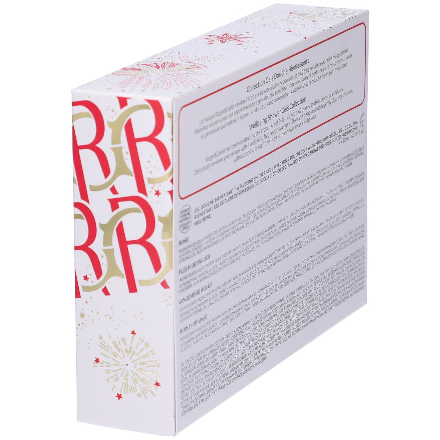 Confezione di un set regalo con testo. Il marchio Roger & Gallet è visibile. Testo in tedesco, francese e inglese.