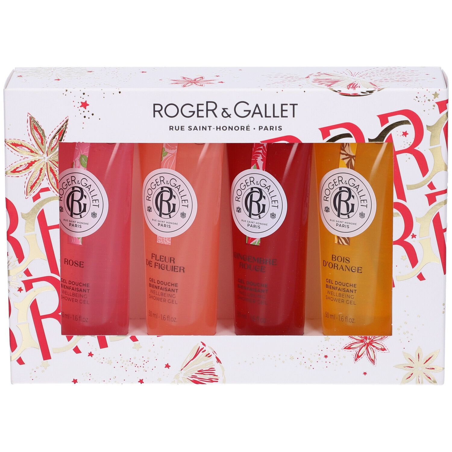 Set regalo con quattro gel doccia in flaconi trasparenti. La confezione mostra il marchio Roger & Gallet.