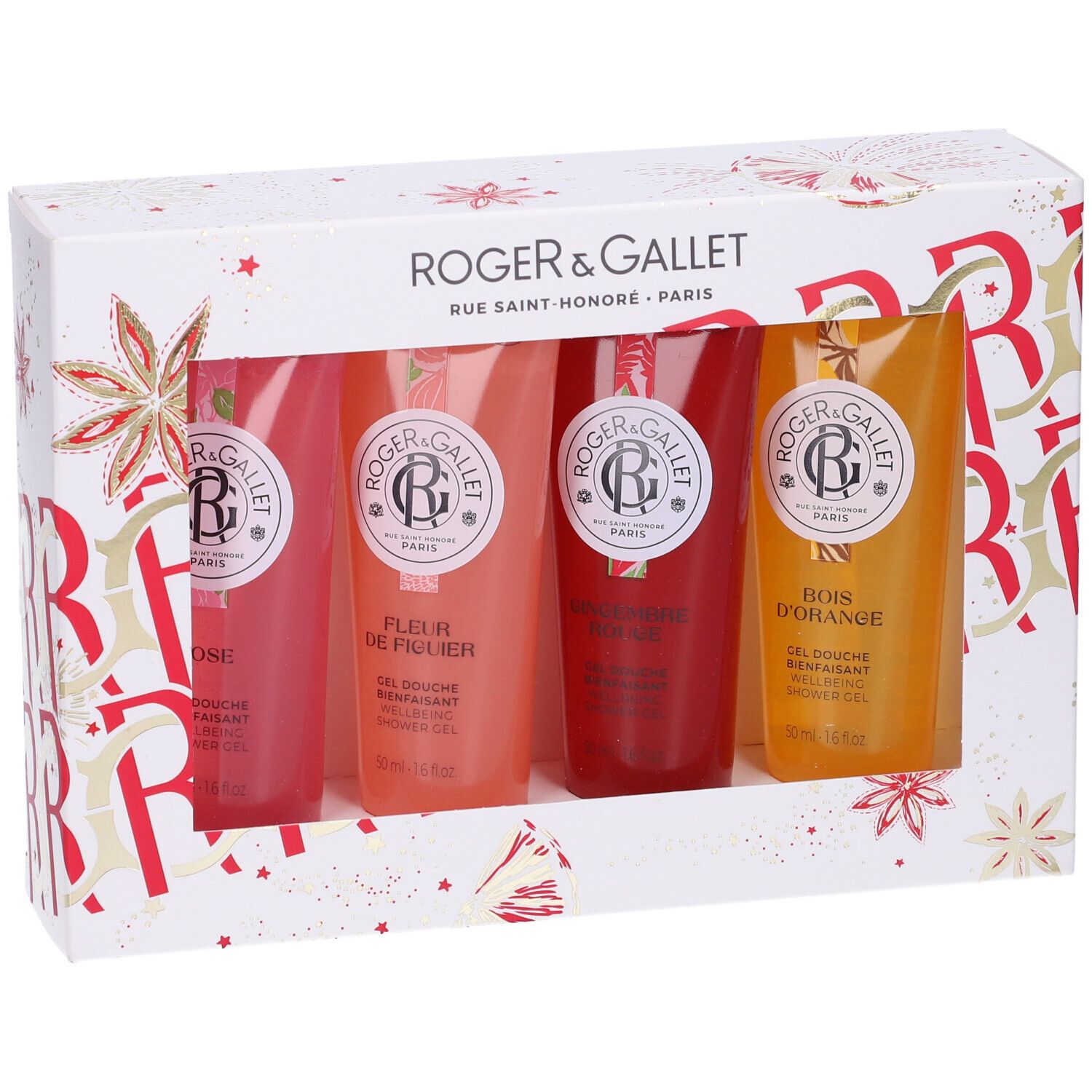 Set regalo con quattro gel doccia in flaconi trasparenti. La confezione mostra il marchio Roger & Gallet.