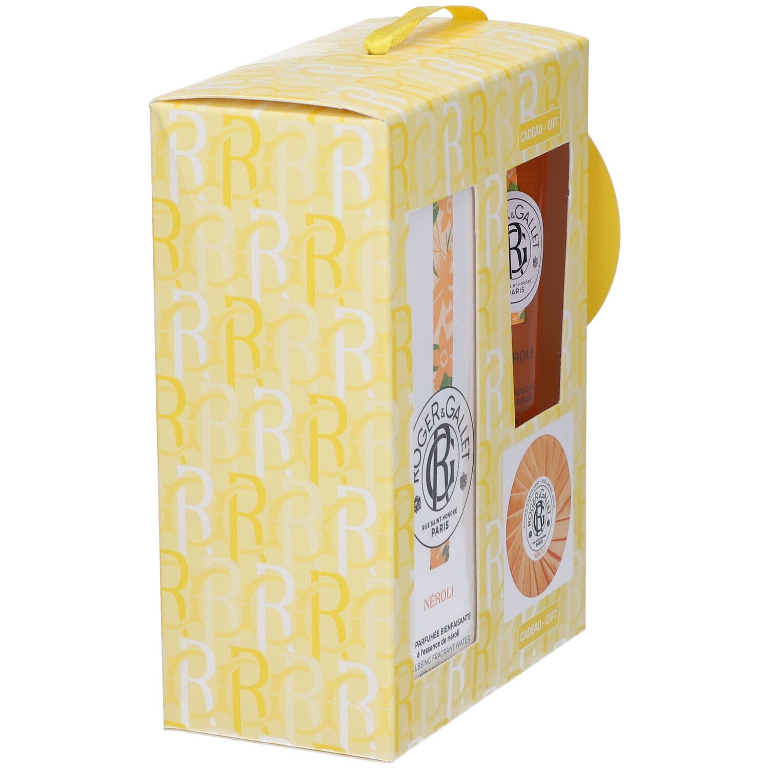 Confezione regalo gialla con finestre. Contiene una bottiglia, un tubetto e un sapone. Marchio Roger & Gallet.