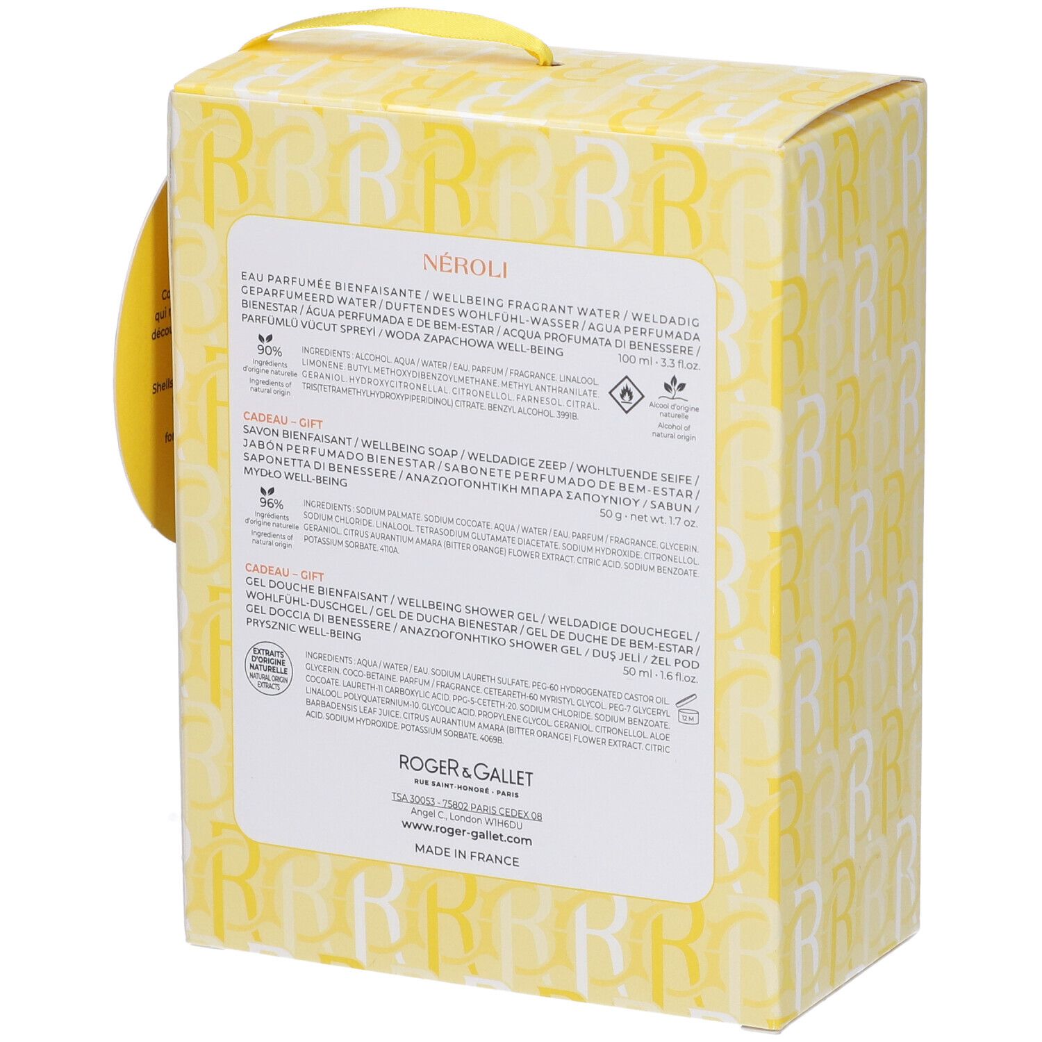 Retro di una confezione regalo gialla. Testo con informazioni sul prodotto e marchio Roger & Gallet.