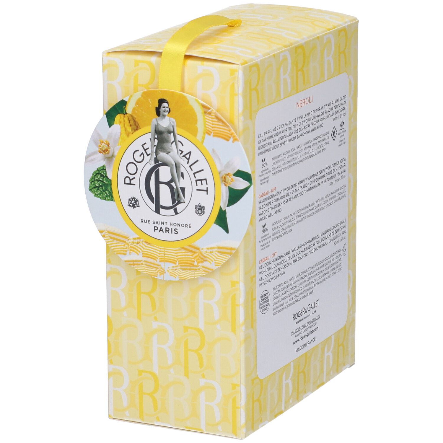 Confezione regalo gialla con etichetta. Marchio Roger & Gallet. Contiene informazioni sul prodotto.