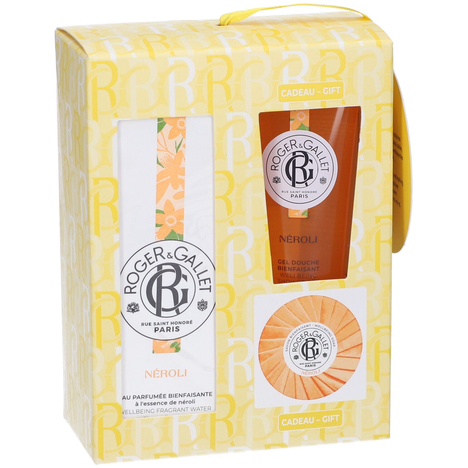 Set regalo con confezione gialla. Contiene una bottiglia, un tubetto e un sapone. Marchio Roger & Gallet.