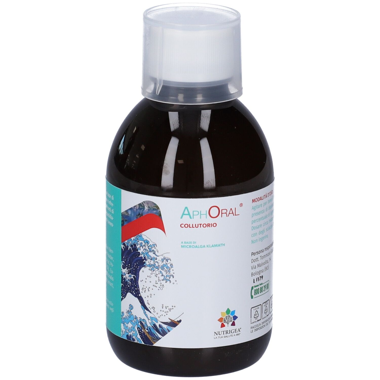 Flacone di Aphoral Collutorio. Liquido marrone, tappo bianco. Etichetta con testo e motivo a onde. Marchio Nutrigea.