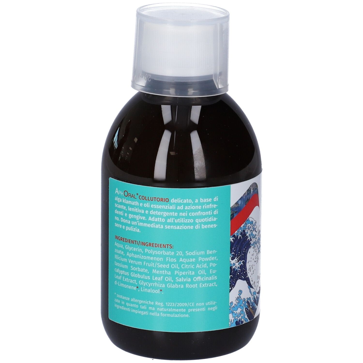 Flacone di Aphoral Collutorio. Retro con testo. Contiene ingredienti. Marchio Nutrigea. 250 ml.