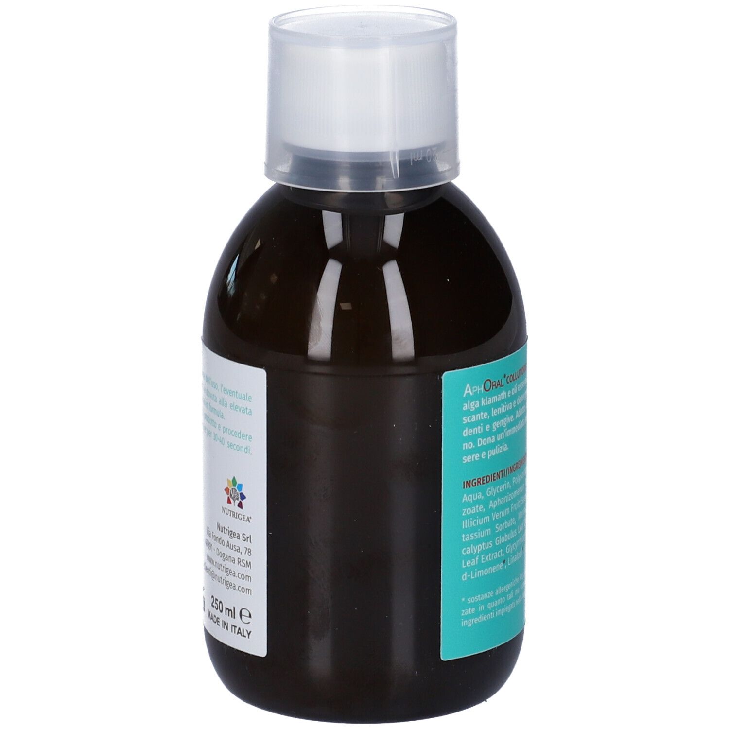 Flacone di Aphoral Collutorio. Retro con testo. Marchio Nutrigea. 250 ml. Prodotto in Italia.