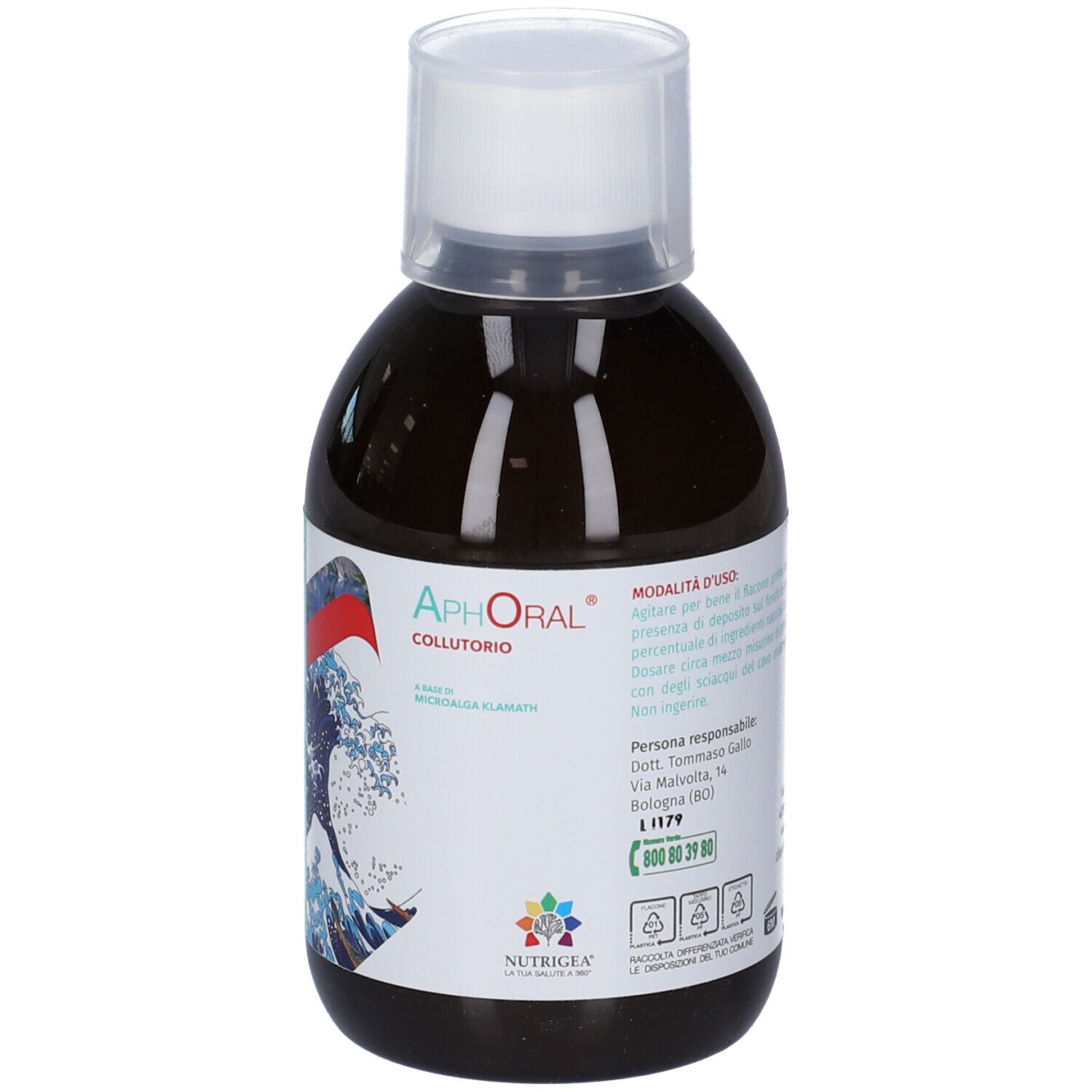Flacone di Aphoral Collutorio. Fronte con testo e motivo a onde. Marchio Nutrigea. 250 ml.