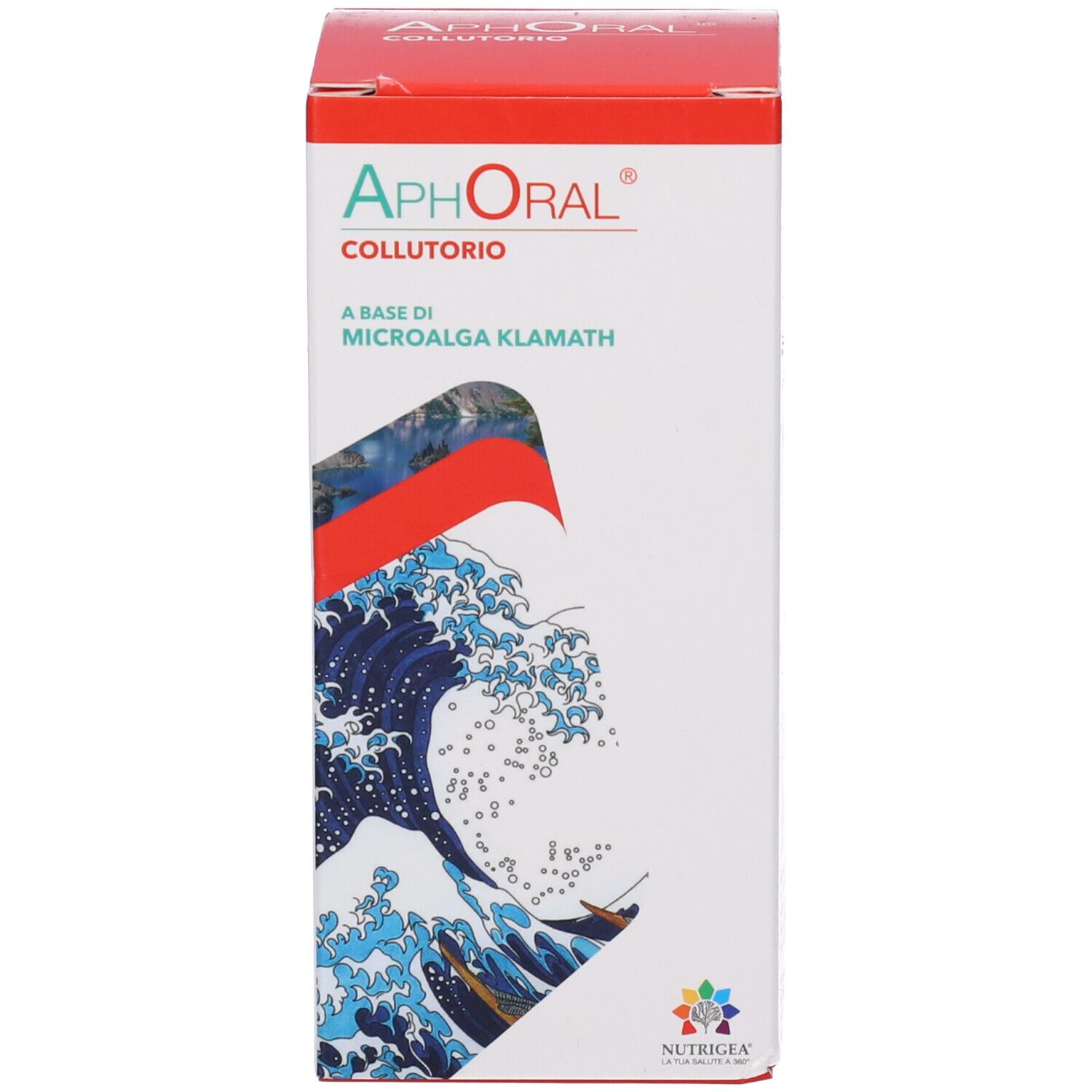 Confezione di Aphoral Collutorio. Bianco, rosso e blu. Motivo a onde. Testo: Aphoral Collutorio, Microalga Klamath.