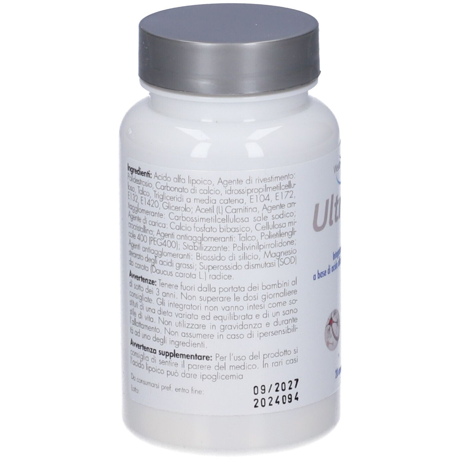 Retro del flacone bianco con tappo argentato. Contiene ingredienti e avvertenze. Scritta Ultranerv Plus.