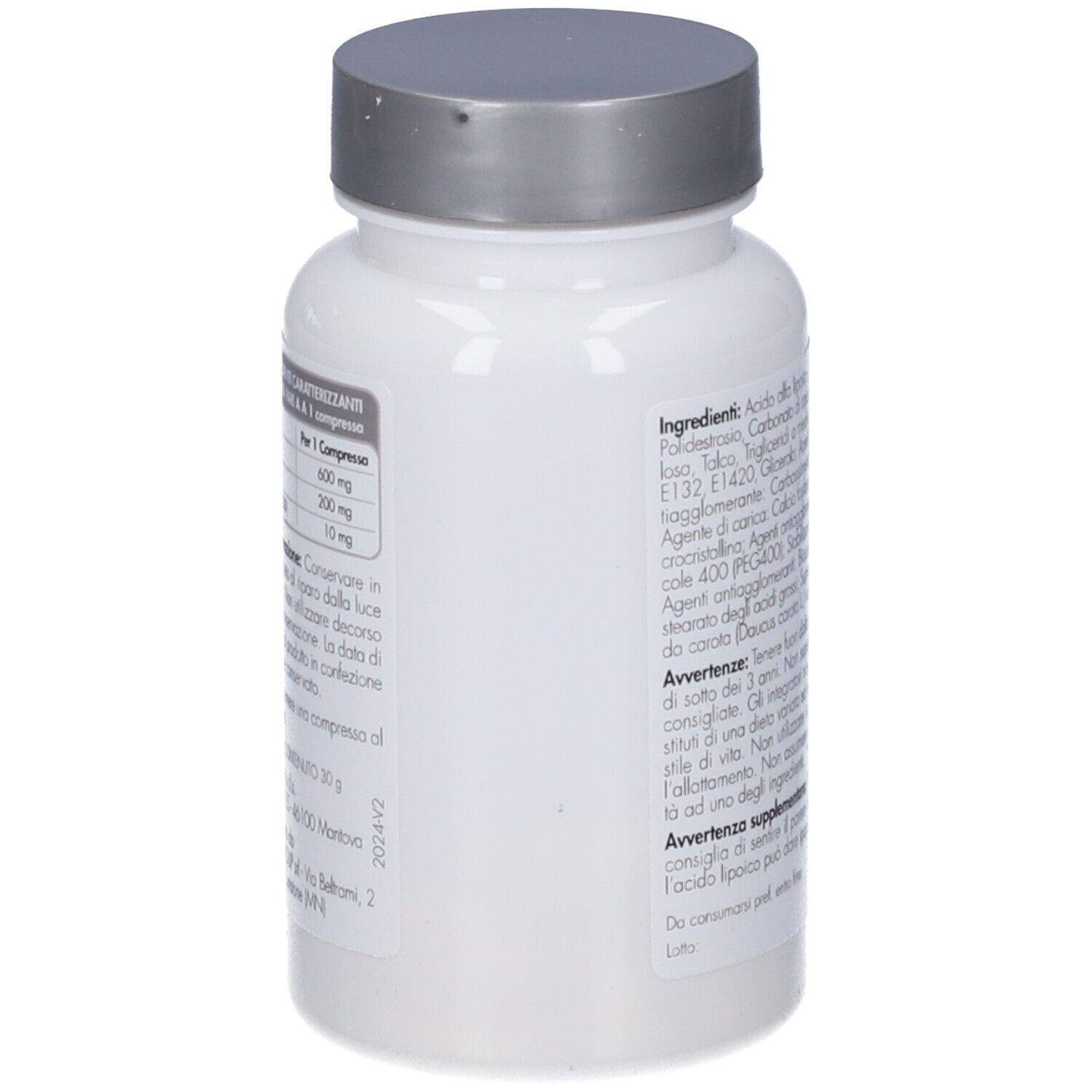 Retro del flacone bianco con tappo argentato. Contiene ingredienti e avvertenze. Scritta Ultranerv Plus.