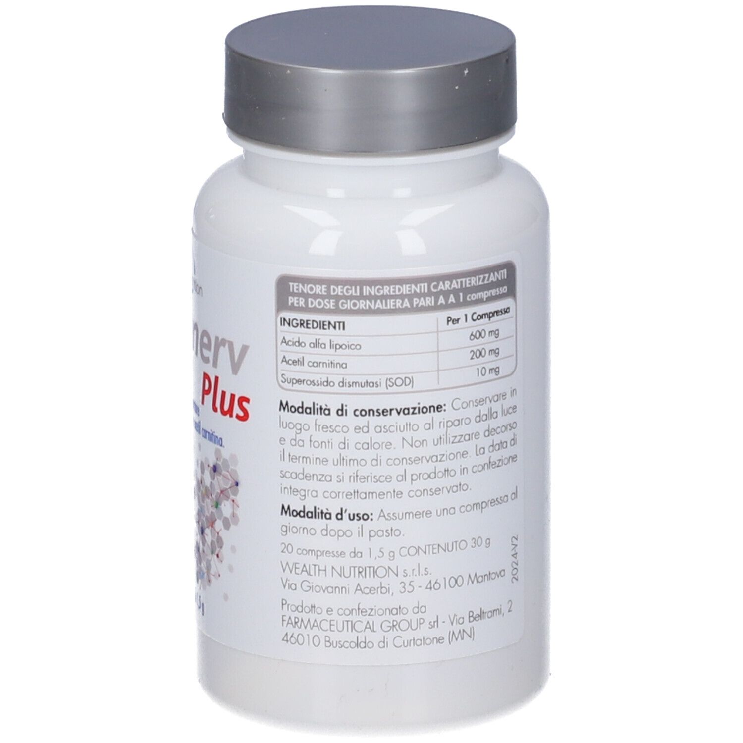 Retro del flacone bianco con tappo argentato. Contiene ingredienti e avvertenze. Scritta Ultranerv Plus.