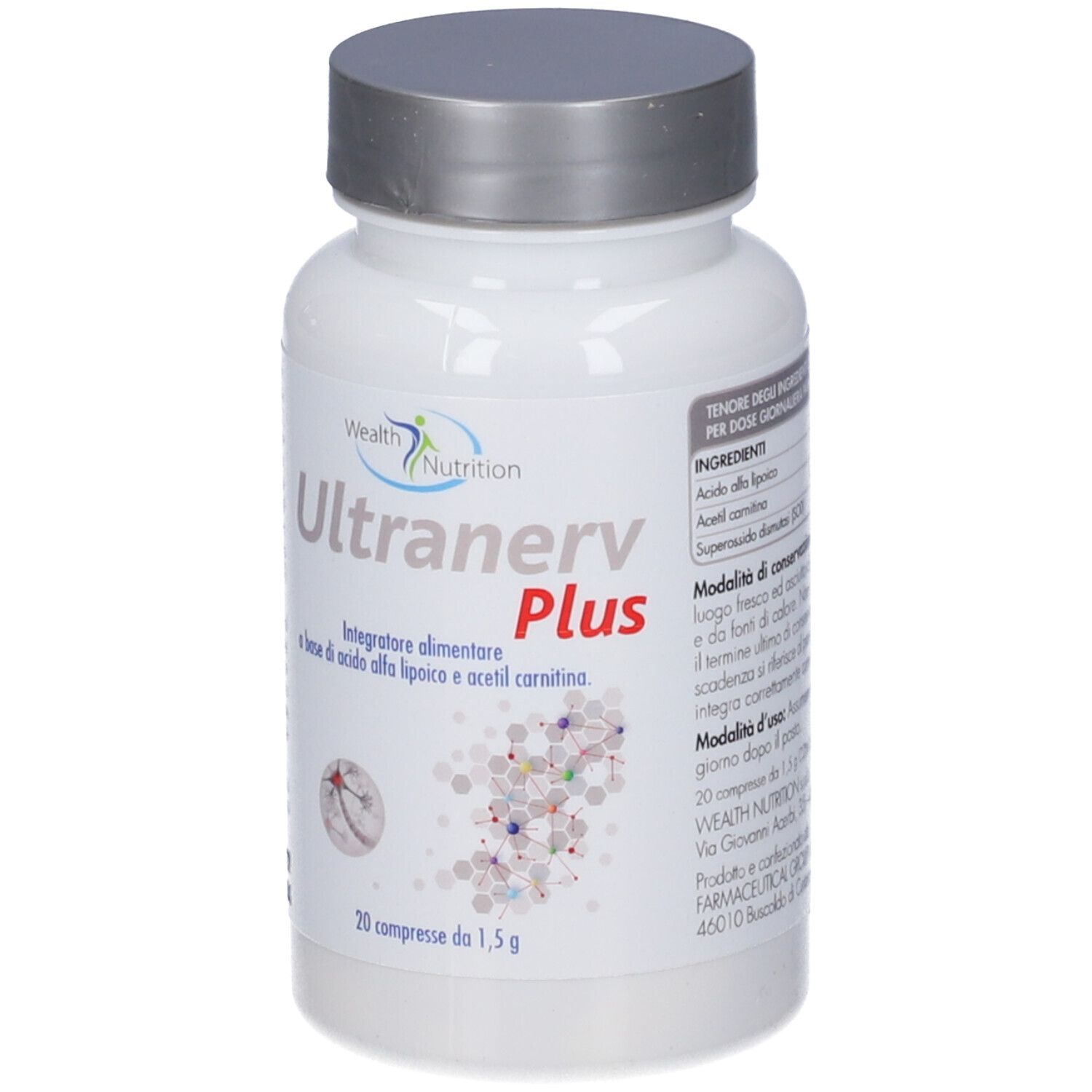 Flacone bianco con tappo argentato. Scritta Ultranerv Plus, 20 compresse. Contiene acido alfa-lipoico e acetilcarnitina.