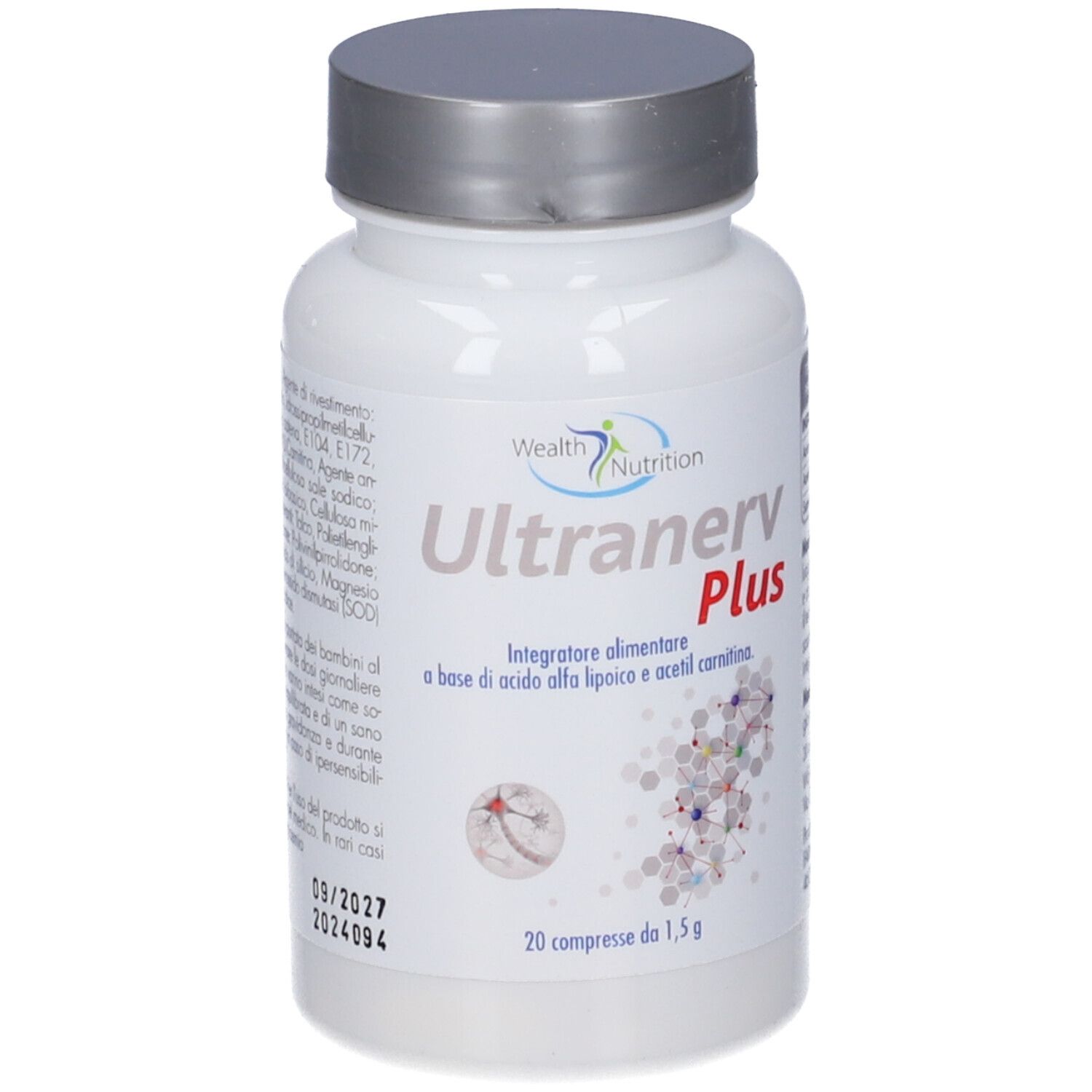 Flacone bianco con tappo argentato. Scritta Ultranerv Plus, 20 compresse. Contiene acido alfa-lipoico e acetilcarnitina.